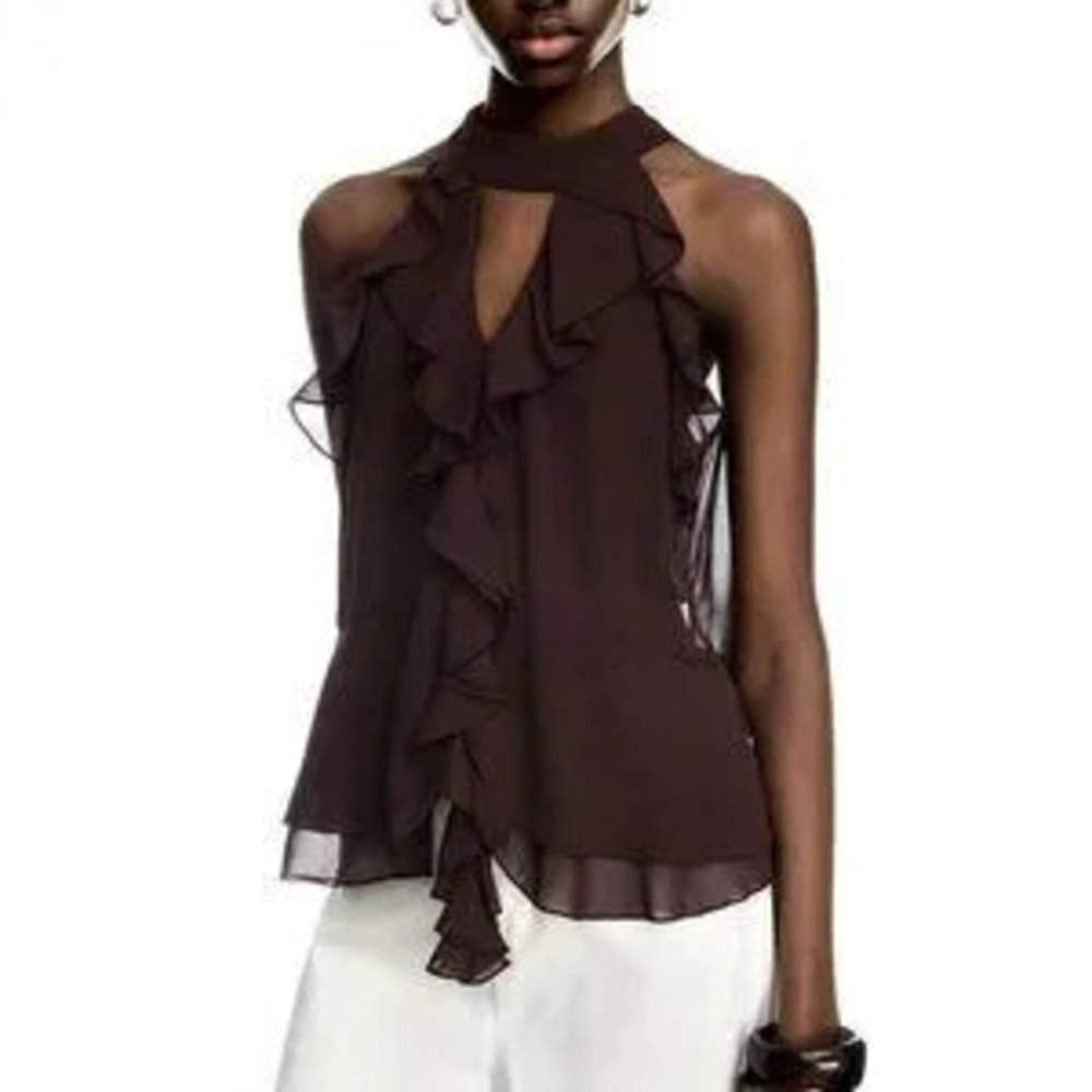Coffee Brown Casual Women's Ruffle Chiffon Halter Top With Tie C Boho Style - Picture 6 of 7